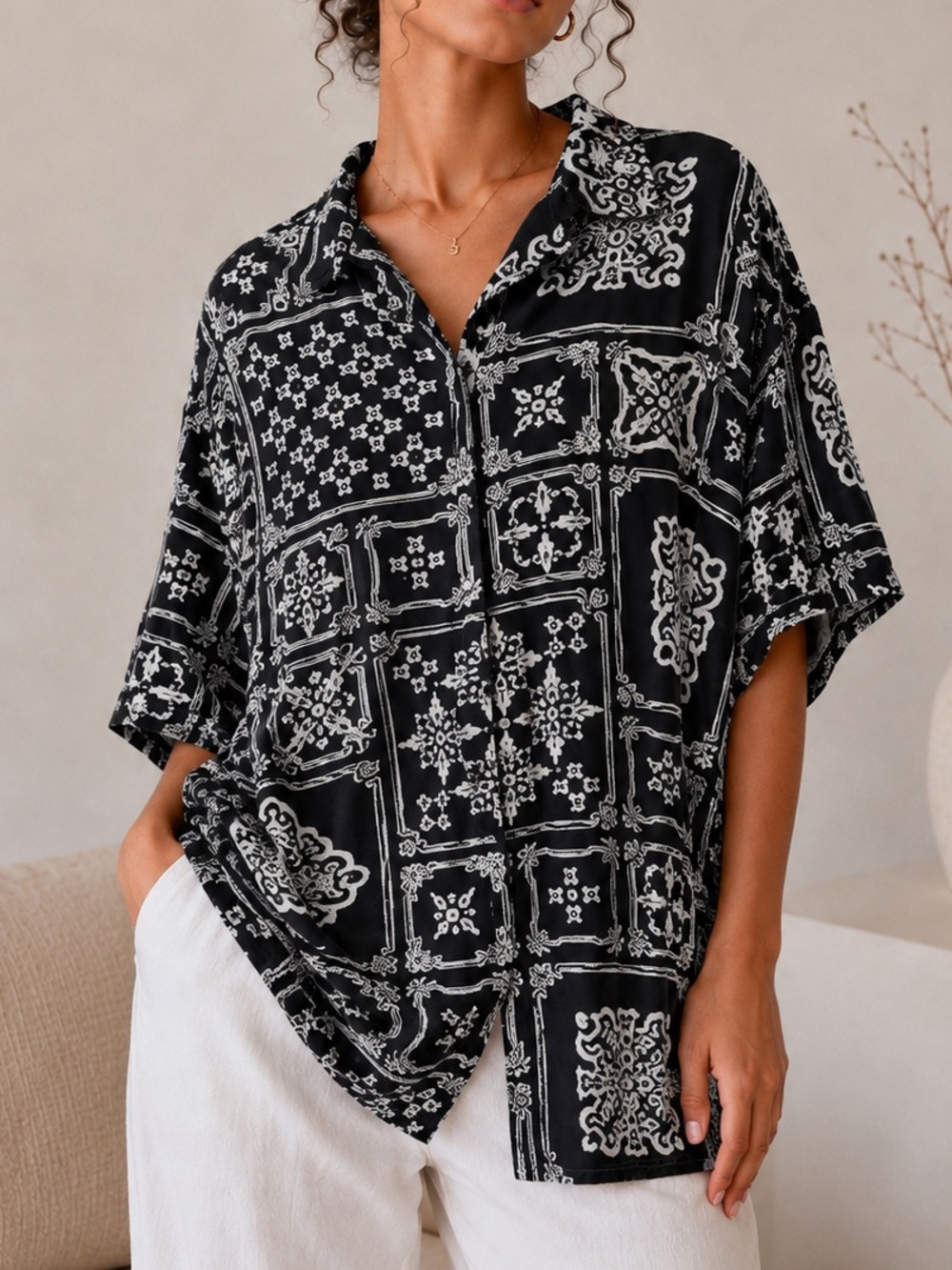 Express Black & White Bandana Print Short-Sleeve Button-Up Shirt